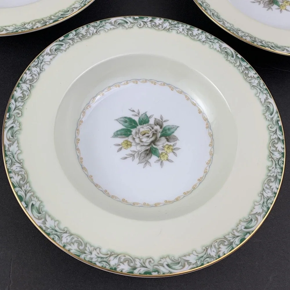 Noritake Mystery #14 Japan China Soup Bowls Green White Rose Gold Trim Set of 3